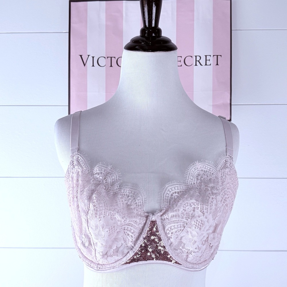 Victoria Secret Dream Angel Pushup without Padding Bra 34 DDD F Pink Sequin Lace